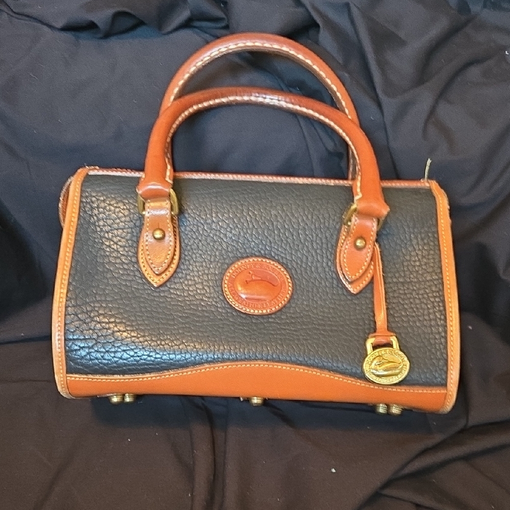 Dooney & Bourke Black Pebbled Leather Satchel with Brown Trim and Handles